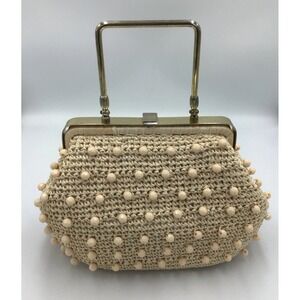 VNTG Original SARNE Beaded Handbag  Made in Japan Beige Carry Evening Bag Purse